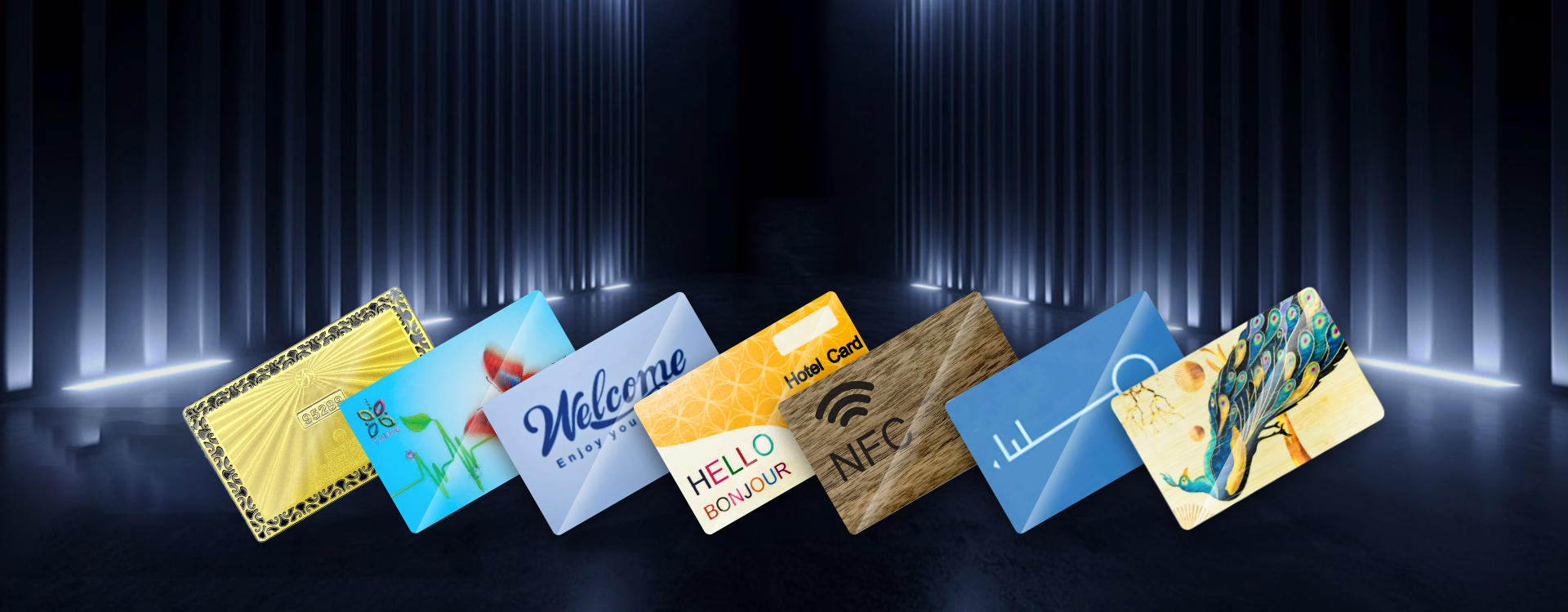 Smart cards with NFC technology displayed, featuring proximity and RFID capabilities for secure access control.